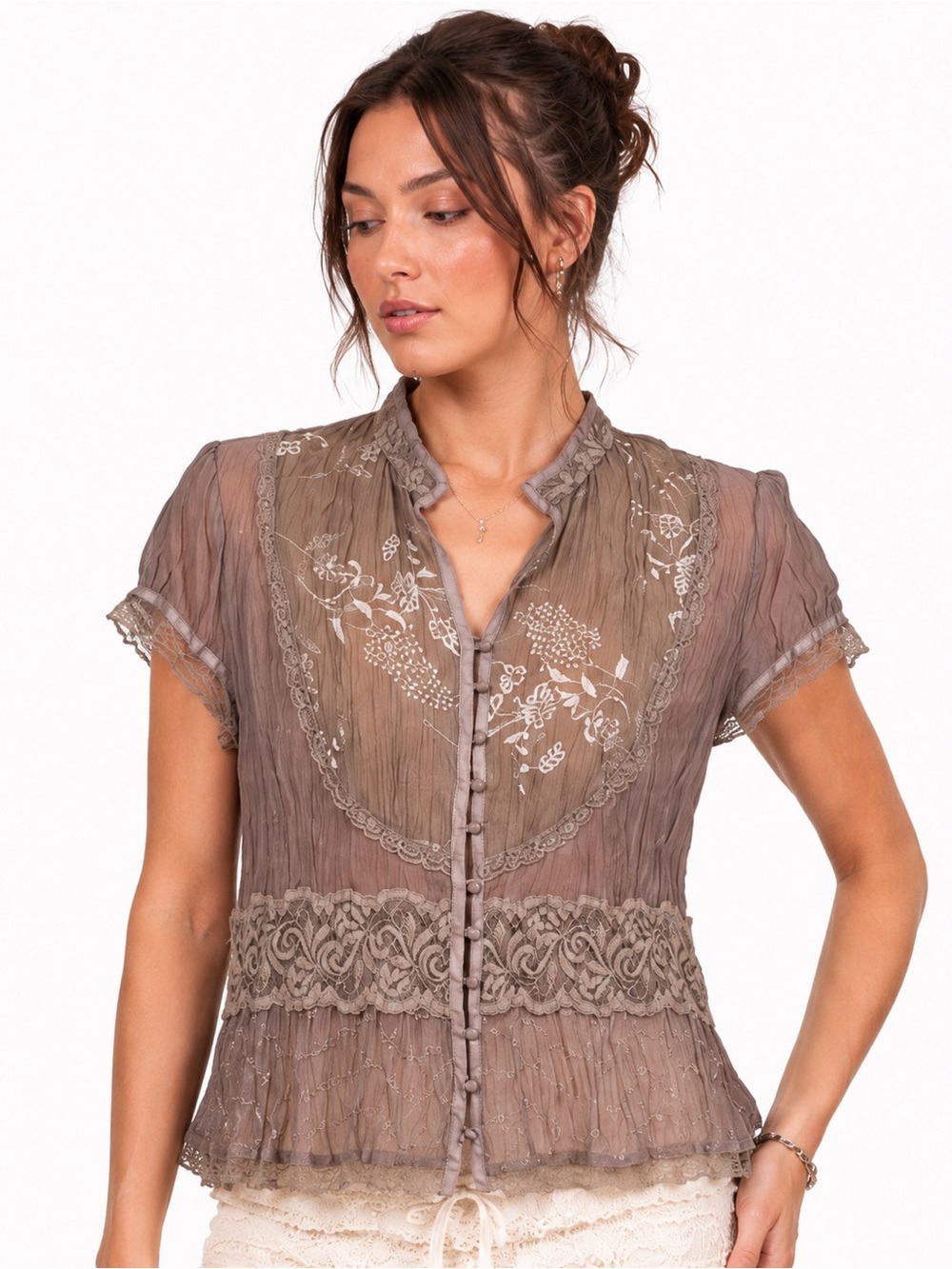 Vintage Y2K New Look Crinkle Georgette Lace coquette Blouse Taupe US 10 M-L